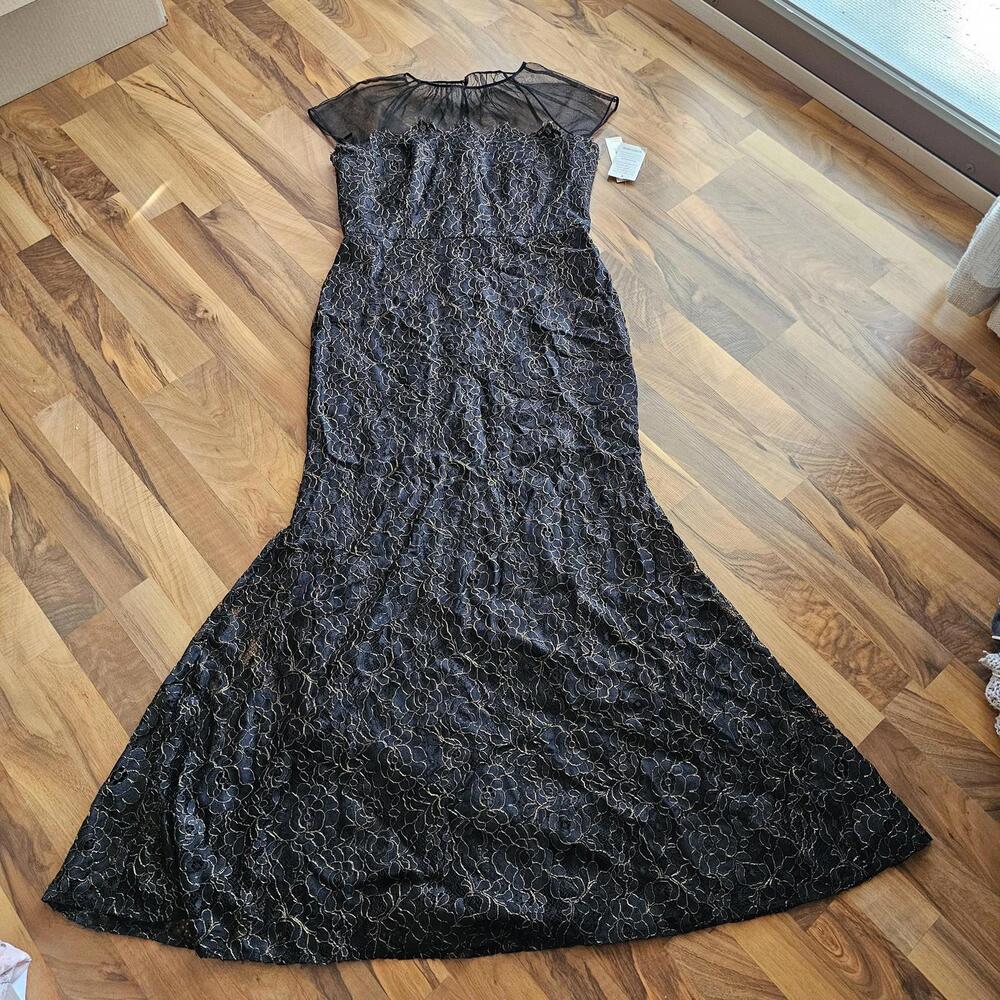 Eliza J Dress Womens 14 Black Lace Floral Mermaid Maxi Illusion Formal Gown